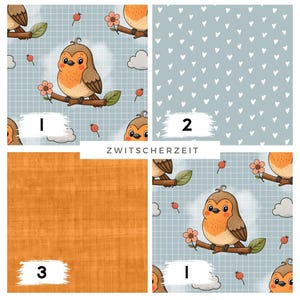 Pode incluir: Amostras de tecido com vários padrões. Uma apresenta um desenho de um pássaro caraterístico num galho com flores e nuvens contra um fundo de grade azul. Outra mostra corações brancos sobre um fundo azul. Uma terceira é laranja lisa.