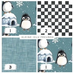 Puede incluir: Un collage de muestras de tela con ilustraciones de pingüinos e iglús, un patrón de tablero de ajedrez en blanco y negro y una tela de color turquesa texturizada. El texto "KLEINE IGLU FREUNDE" es visible.
