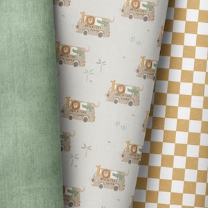 May include: Three fabric patterns: a light green solid, a cream-colored pattern with safari animal-themed vans, and a yellow and white checkered pattern. The vans have the text "ADVENTURE TOURS".
