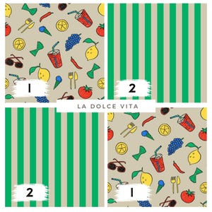 May include: Four designs: two with green vertical stripes on a beige background, and two with a beige background featuring colourful illustrations of food and drinks, such as tomatoes, lemons, and ice cream. The text "LA DOLCE VITA" is also present.
