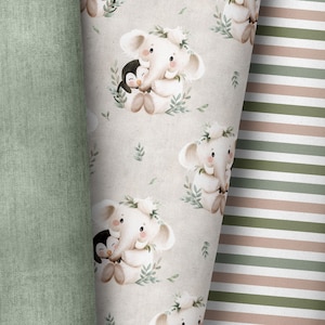 May include: A seamless pattern featuring white elephants with floral crowns holding a penguin in their arms. The background is a light beige with green foliage.