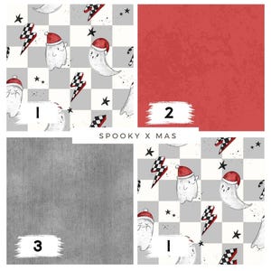 Può includere: Stampa artistica digitale con un motivo ripetuto di fantasmi dei cartoni animati con cappelli di Babbo Natale, fulmini e stelle su uno sfondo a scacchi grigio e bianco. È presente anche il testo "Spooky X Mas".