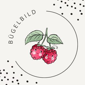 Könnte beinhalten: Eine verspielte Illustration von zwei lächelnden Himbeeren mit grünen Blättern, umgeben von einem schwarzen Kreis. Das Wort "BÜGELBILD" ist in einem Halbkreis über den Himbeeren geschrieben. Schwarze Punkte sind auf cremefarbenem Hintergrund verstreut.