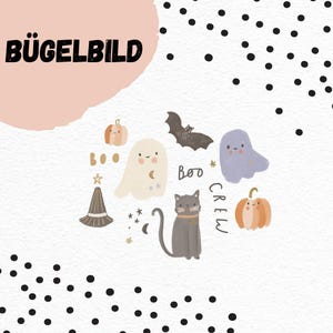 Könnte beinhalten: Eine Sammlung von Halloween-Illustrationen, darunter ein Kürbis, eine Fledermaus, ein Hexenhut, eine Katze und Geister. Das Wort "BOO" steht neben einer Fledermaus und einem Geist. Der Text "BÜGELBILD" steht oben.