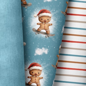 May include: A blue and white patterned fabric featuring a gingerbread man wearing a Santa hat and riding a skateboard. The gingerbread man is smiling and has rosy cheeks. The background is a light blue with white snowflakes.