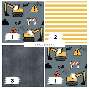 Può includere: Un collage di motivi di tessuto a tema costruzione. Un motivo presenta veicoli da costruzione gialli, segnali stradali e la parola "DIG" su sfondo grigio. Un altro presenta strisce gialle e bianche. Il terzo è grigio tinta unita.