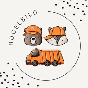May include: Illustration of a bear and fox wearing orange caps, and an orange garbage truck. The bear and fox are in a circle with the word "BÜGELBILD" around the circle. Black dots are scattered around the image.