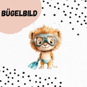 May include: A cute cartoon lion wearing blue goggles and a blue swimsuit, holding a blue flipper. The lion is on a white background with black polka dots.