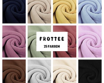 May include: A grid of fabric samples in various colors, including navy, beige, yellow, and lavender. The image features the text "Frottee 25 Farben" in the center, indicating a range of color options for a textile product.