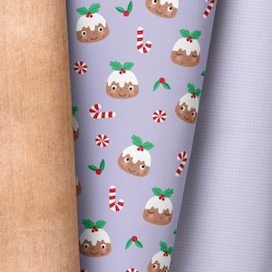 May include: A purple background with a repeating pattern of Christmas pudding, candy canes, and holly leaves. The pudding is brown with white icing and a smiling face. The candy canes are red and white. The holly leaves are green with red berries.