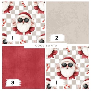 Könnte beinhalten: Ein sich wiederholendes Muster mit dem Weihnachtsmann, der eine Sonnenbrille trägt und das Friedenszeichen zeigt, mit Zuckerstangen auf kariertem Hintergrund. Der Satz "COOL SANTA" ist ebenfalls sichtbar.