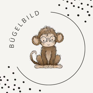 Könnte beinhalten: Eine Illustration eines braunen Affen mit runder Brille, zentriert in einem dünnen schwarzen Kreisrahmen. Der Text BÜGELBILD ist in Schwarz entlang der oberen linken Kurve des Kreises gedruckt, umgeben von verstreuten schwarzen Punkten auf hellem Grund.