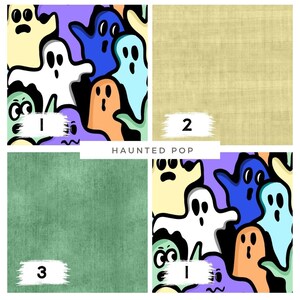 Könnte beinhalten: Ein Collage mit vier Abschnitten. Zwei Abschnitte zeigen ein farbenfrohes Muster von Cartoon-Geistern. Die anderen beiden Abschnitte zeigen einfarbige Texturen in Grün und Beige. Der Text "HAUNTED POP" ist zentriert.