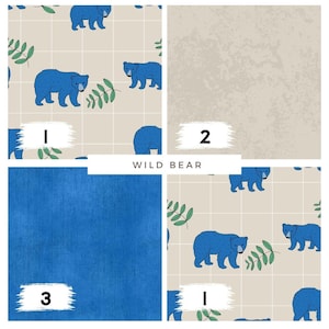 May include: A collection of fabric swatches featuring a "Wild Bear" theme. One swatch displays a blue fabric. Another shows a beige background with blue bears and green leaves. The third swatch has a textured beige background.