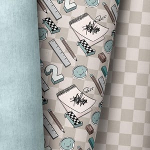 May include: A seamless pattern featuring a light brown background with a checkered pattern. The pattern includes various school supplies such as pencils, rulers, notebooks, and erasers. There are also numbers, smiley faces, and a checkered flag.