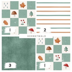 May include: A collection of autumn-themed patterns. One pattern features a checkerboard design with mushrooms, leaves, berries, and trees. Another has horizontal stripes in teal and tan. The third is a solid teal texture. The word "HERBSTWALD" is also visible.