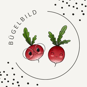 Może przedstawiać: Ilustracja dwóch uśmiechniętych rzodkiewek z zielonymi liśćmi. Jedna rzodkiewka nosi okulary. Obrazek znajduje się w czarnym okręgu z napisem "BÜGELBILD" powyżej. Czarne kropki są rozrzucone wokół okręgu.