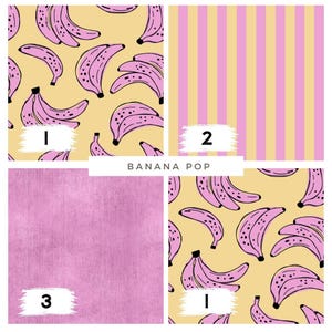 Pode incluir: Uma colagem de quatro padrões com o texto "BANANA POP". Os padrões incluem uma estampa de banana em fundo amarelo, listras verticais, uma textura rosa sólida e uma repetição da estampa de banana.