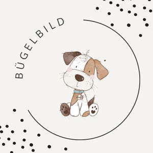 Può includere: Illustrazione di un cartone animato di un cucciolo seduto con pelliccia marrone e bianca, con un collare blu. Il cucciolo è all'interno di un cerchio nero con la parola "BÜGELBILD" in un semicerchio sopra. Punti neri sparsi intorno al cerchio.