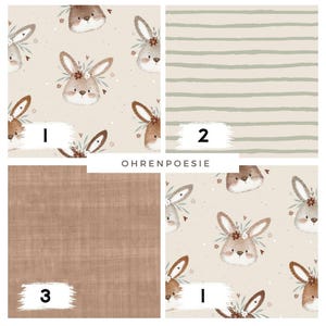 Pode incluir: Uma colagem de amostras de tecido com vários padrões. Uma amostra exibe um padrão repetido de rostos de coelhos com detalhes florais em um fundo bege. Outra mostra listras horizontais em verde suave. Uma terceira amostra tem uma aparência marrom texturizada.