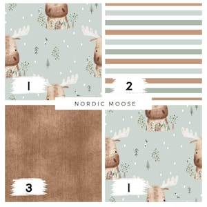 May include: A collection of fabric swatches featuring various patterns. One swatch displays a repeating pattern of moose and trees on a light blue background. Another shows horizontal stripes in shades of brown and green. The third swatch has a solid brown texture. The text "Nordic Moose" is also visible.