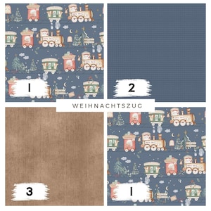 Peut inclure: Un collage d'échantillons de tissu. L'un présente un motif répété de trains de Noël rouges, verts et crème sur un fond bleu marine. Un autre est une texture en tricot bleu marine uni. Le troisième est un tissu texturé marron.