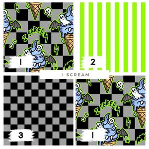 Può includere: Quattro modelli di tessuto: un motivo a scacchi, un motivo a righe e due motivi con coni gelato con disegni di fantasmi e pipistrelli. È presente anche il testo "I SCREAM".