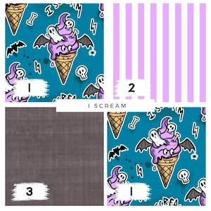 Può includere: Quattro modelli di tessuto. Uno presenta uno sfondo turchese con un cono gelato a fumetti con un fantasma, ali di pipistrello e teschi. Un altro ha strisce verticali lavanda e bianche. Il terzo è una trama grigio scuro.