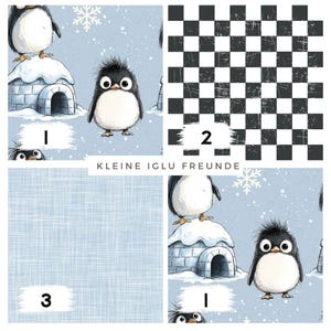 Może przedstawiać: Kolaż próbek tkanin z ilustracjami pingwinów i igloo, czarno-białym wzorem szachownicy oraz jasno-niebieską, teksturowaną tkaniną. Widoczny jest również tekst "KLEINE IGLU FREUNDE".