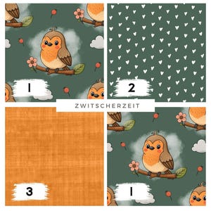 Pode incluir: Uma colagem de quatro amostras de tecido. As amostras superior esquerda e inferior direita apresentam um pássaro de desenho animado em um galho com flores e nuvens em um fundo verde. A amostra superior direita tem um padrão de corações brancos em um fundo verde. A amostra inferior esquerda é laranja lisa.