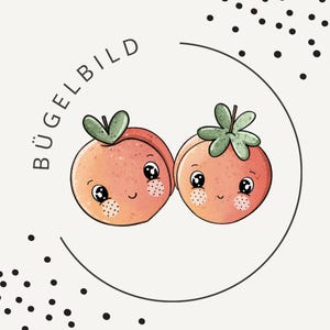 Puede incluir: Ilustración de dos melocotones de dibujos animados con caras sonrientes, hojas verdes y manchas sonrojadas. Los melocotones están dentro de un círculo negro con la palabra "BÜGELBILD" encima. Puntos negros dispersos sobre un fondo crema.