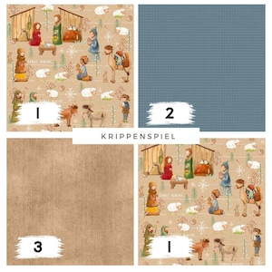 Può includere: Un collage di campioni di tessuto. Un campione presenta una scena della natività natalizia con figure, animali e testo. Un altro è un motivo a maglia blu unito. Il terzo è un tessuto strutturato marrone unito.