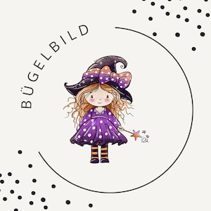 Könnte beinhalten: Eine grafische Illustration einer jungen Hexe mit langem, welligem Haar, die ein violettes Kleid mit Punkten, einen dunkelvioletten Hut mit Schleife und orange-schwarz gestreifte Strümpfe trägt. Die Figur hält einen Zauberstab mit Stern. Der Text BÜGELBILD ist sichtbar.