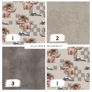 May include: A collage of four fabric swatches. One features a repeating pattern of cartoon mammoths, mountains, and checkered squares on a tan background. The other swatches are solid colors: a textured tan, and a textured dark gray. The text "KLEINES MAMMUT" is in the center.