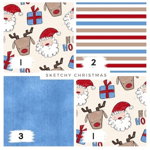 以下が含まれることがあります： 4つのクリスマスをテーマにしたパターンのコラージュ。クリーム色の背景にサンタクロース、トナカイ、プレゼントが描かれたもの。赤、青、ベージュのストライプ模様。3つ目は無地の水色。テキスト「Sketchy Christmas」が表示されています。