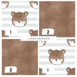 Puede incluir: Un patrón repetido de caras de osos de dibujos animados con mejillas rosadas y pequeñas narices negras, alternando con un patrón de rayas blancas y azul claro. La imagen también muestra dos muestras de tela marrón liso con los números "1" y "2". También está presente el texto "LIEBLINGSBÄR".