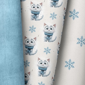 Könnte beinhalten: Weiße Katze mit einem blauen Schal mit Schneeflockenmuster auf weißem Hintergrund. Die Katze wiederholt sich im gesamten Muster.