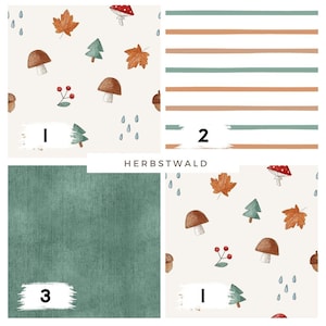 May include: A collection of fabric swatches featuring autumn-themed patterns. One swatch displays a cream background with mushrooms, leaves, and raindrops. Another shows horizontal stripes in teal and brown. The third swatch is a solid teal.