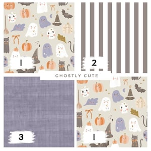 Könnte beinhalten: Eine Collage aus vier Stoffmustern. Das erste Muster zeigt einen beigefarbenen Hintergrund mit Halloween-Illustrationen, darunter Geister, Kürbisse, Fledermäuse und Hexenhüte. Das zweite Muster hat vertikale graue und weiße Streifen. Das dritte Muster ist ein einfarbiger, strukturierter Lavendelstoff.