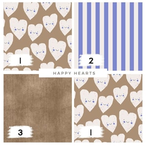 Könnte beinhalten: Eine Collage aus vier verschiedenen Mustern. Oben links und unten rechts befindet sich ein sich wiederholendes Muster aus weißen Herzen mit lächelnden Gesichtern auf braunem Hintergrund. Oben rechts befinden sich blaue und weiße vertikale Streifen. Unten links befindet sich ein braunes strukturiertes Muster. Der Text "HAPPY HEARTS" befindet sich in der Mitte.