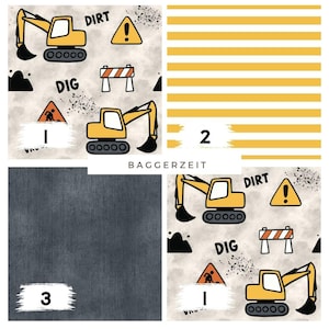 May include: A collage of construction-themed patterns. One pattern features yellow excavators, road signs, and the words "DIRT" and "DIG" on a speckled background. Another shows yellow and white horizontal stripes. A third is a solid dark blue.