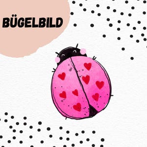 May include: Pink ladybug iron-on patch with a black outline and red hearts. The patch is on a white background with black polka dots.