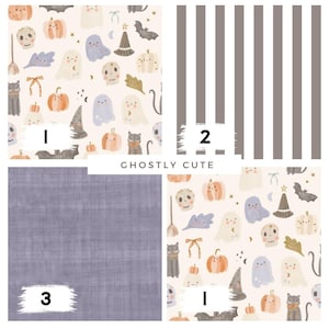 Könnte beinhalten: Eine Collage mit Halloween-Motiven. Eines zeigt Geister, Kürbisse, Fledermäuse und Hexenhüte auf cremefarbenem Hintergrund. Ein anderes hat vertikale graue und weiße Streifen. Das dritte ist ein einfarbiger, strukturierter, hellvioletter Stoff. Der Text "Ghostly Cute" ist ebenfalls vorhanden.
