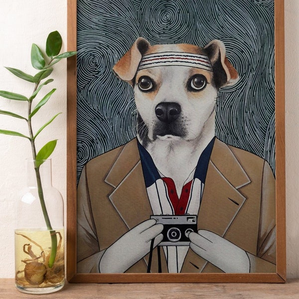 Richie Tenenbaum character Custom dog portrait, Watercolor pet painting, Personalised gift for pet owner, Wes Anderson movies art