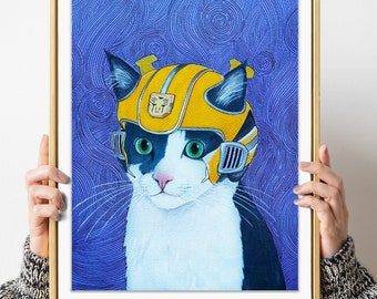 Custom watercolor portrait Funny cat in helmet Original painting from photo