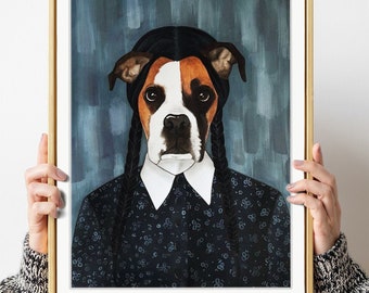 Wednesday Addams dog painting, Custom watercolour dog portrait from photo, Pet parent gift, Personalized caricature pet