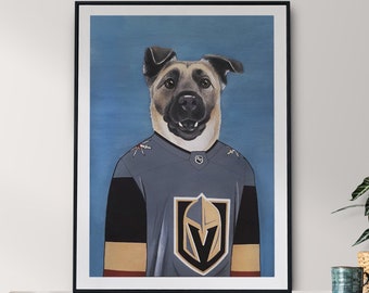Retrato de perro personalizado- Arte de mascota pintado a mano- Vegas Golden Knights- Comisión de mascotas- Pintura de perro personalizada- Regalo único para amantes de los perros