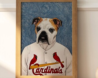 Retrato de perro del equipo de béisbol St. Louis Cardinals personalizado en acuarela: pintura de mascota personalizada a partir de una foto: regalo exclusivo para fanáticos de los deportes