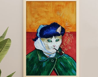 Anpassat kattporträtt Van Gogh akvarell katt Anpassad husdjursmålning Original gif-idé för kattälskare