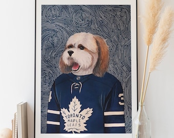 Pintura personalizada para perros Toronto Maple Leafs - Retrato de mascota en acuarela pintado a mano - Regalo único para aficionados a los deportes y padres de mascotas
